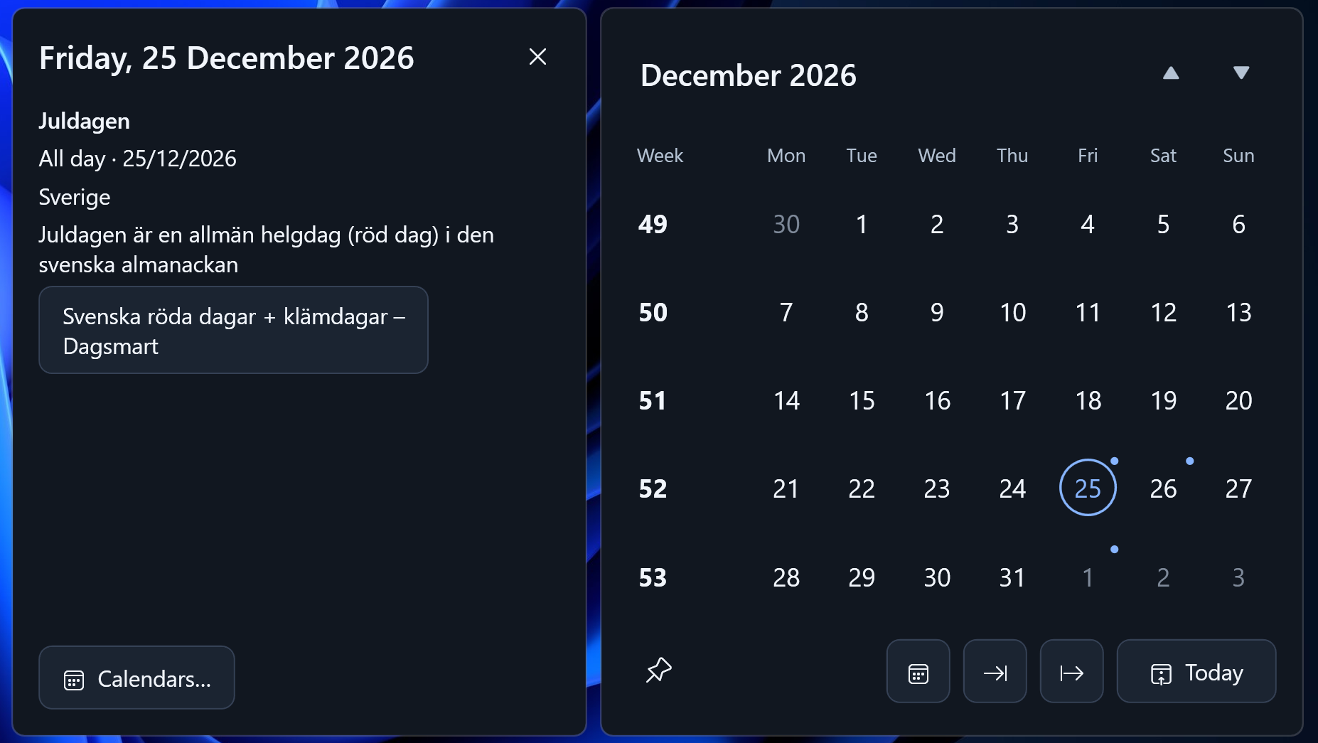 Compact calendar in dark mode showing December 2026 with week numbers, event dots, Christmas Day selected, and its event details open beside the month